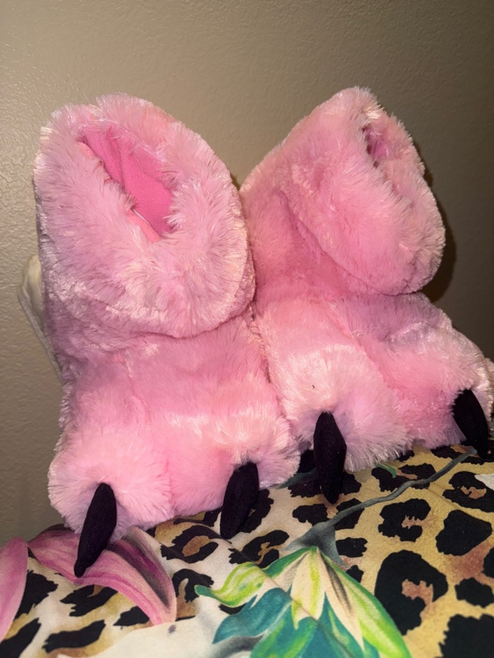 Plush Pink Furry Monster Slippers with Black Claws